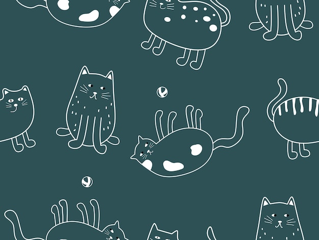 귀여운 손으로 그린 고양이들과 함께 매끄러운 패턴입니다. 직물, 포장, 섬유를 위한 창의적인 어린이 텍스처
