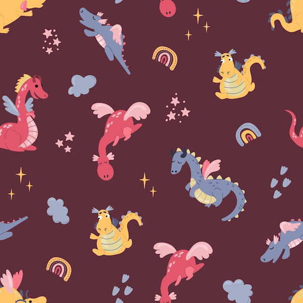 seamless pattern with cute hand drawn dragons design for fabric textile wallpaper packaging