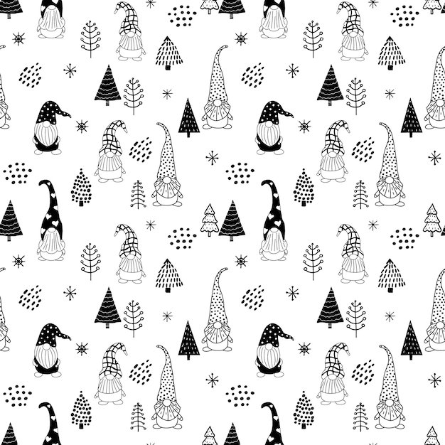 Seamless pattern with a cute hand drawn gnome and a Christmas tree