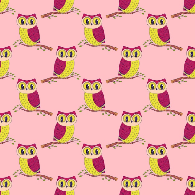 Vector seamless pattern with cute hand drawn owls background in pink and yellow colors.