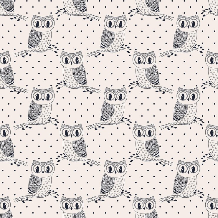 Seamless pattern with cute hand drawn owls and polka dots