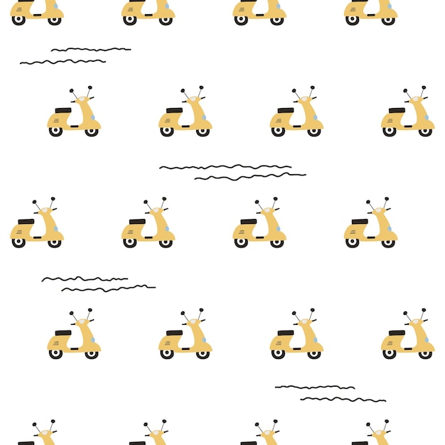 Seamless pattern with cute hand drawn scooters on white background. Simple design for kids.