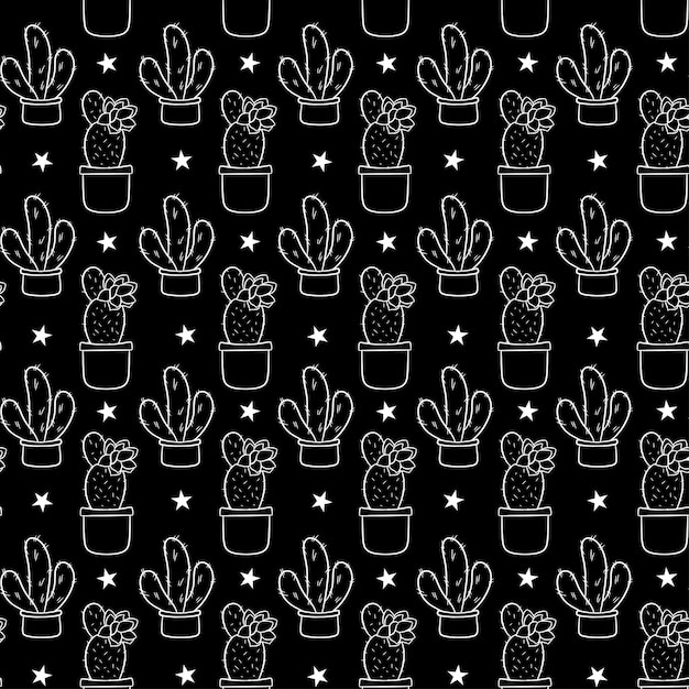 Seamless pattern with cute handdrawn cacti black background