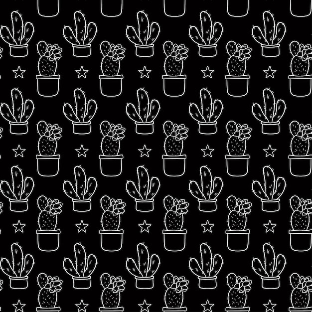 Seamless pattern with cute handdrawn cacti black background