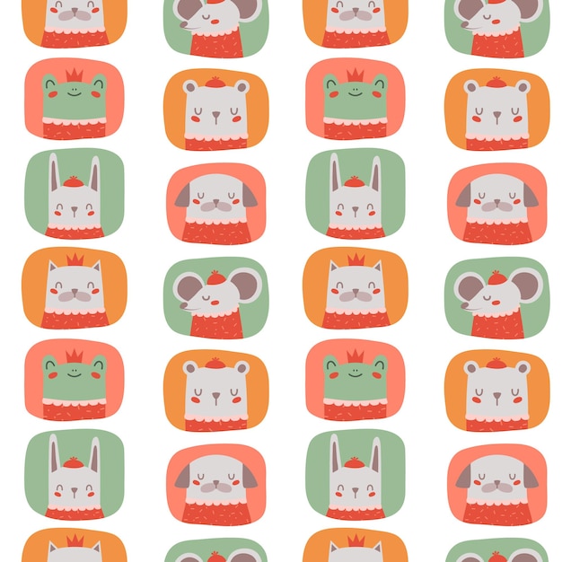 Seamless pattern with cute happy animal faces with hat, crown. Concept for children flat print.