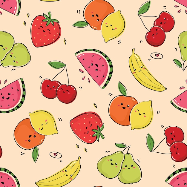 Vector seamless pattern with cute happy fruits