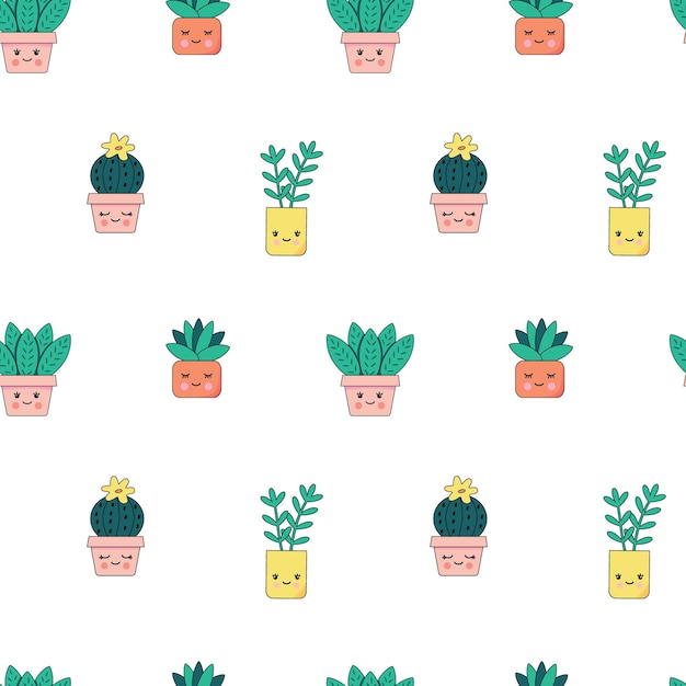 Seamless pattern with cute happy houseplants with faces cartoon kawaii cacti in flower pots kids flower pattern