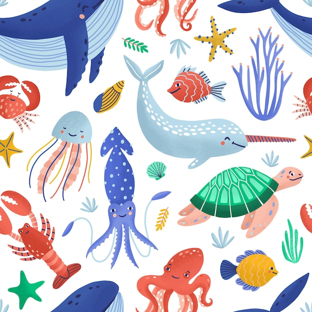 Seamless pattern with cute happy marine animals living in ocean. Backdrop with underwater fauna or sea world creatures on white background. Flat cartoon childish vector illustration for textile print.