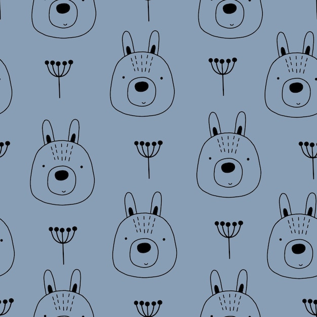 Seamless pattern with cute hares in doodle style vector illustration for your design