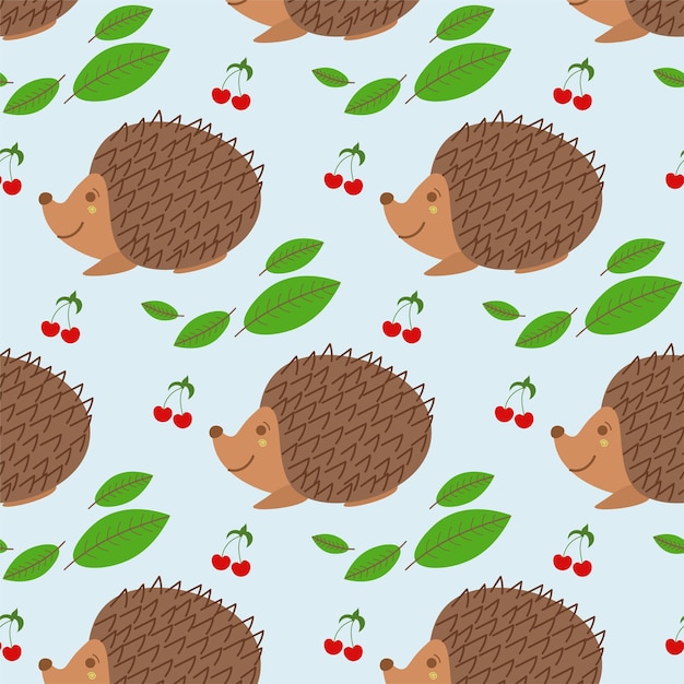 Vector seamless pattern with cute hedgehog animal flat illustration