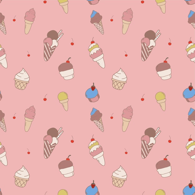 Seamless pattern with cute ice cream hand drawn style background