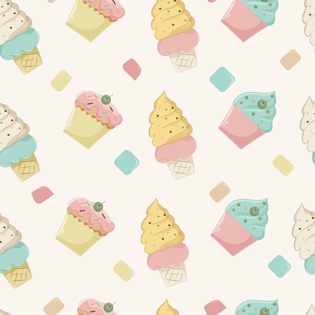 seamless pattern with cute ice cream in pastel color background