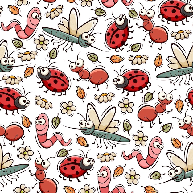 Seamless pattern with cute insects in doodle style Hand drawn cute insects seamless pattern