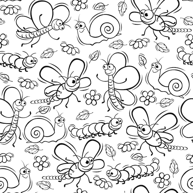벡터 낙서 스타일의 귀여운 곤충과 원활한 패턴 손으로 그린 귀여운 곤충 원활한 패턴