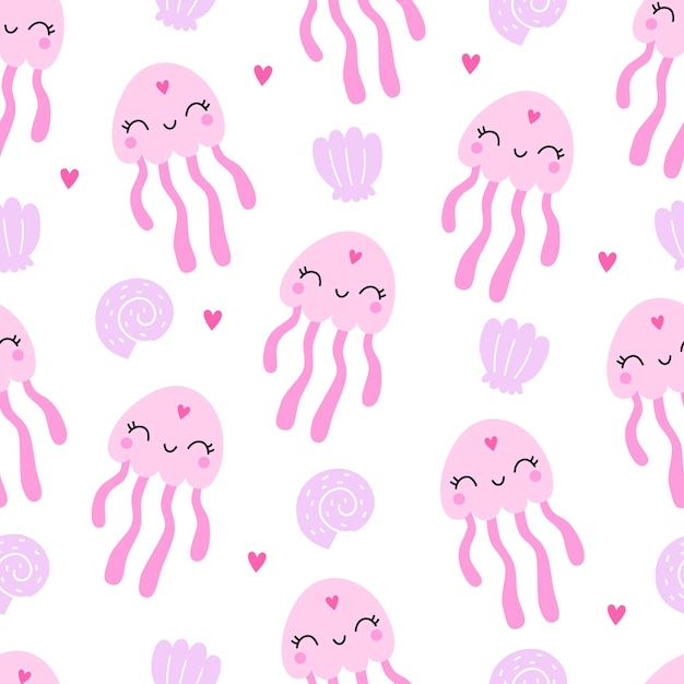 かわいいクラゲの殻の心とシームレスなパターンベクトル幼稚なイラスト