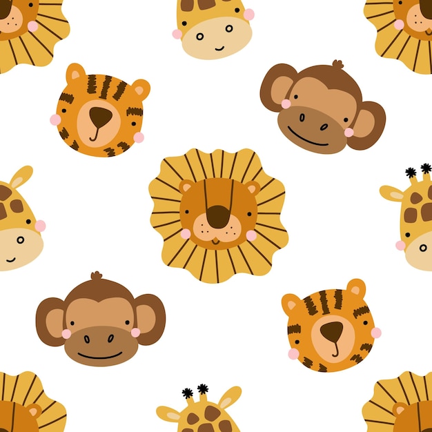 Seamless pattern with cute jungle animals vector illustration isolated on white background for your design