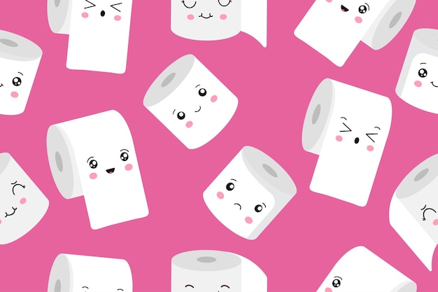 Seamless pattern with cute kawaii cartoon toilet paper rolls with faces Vector