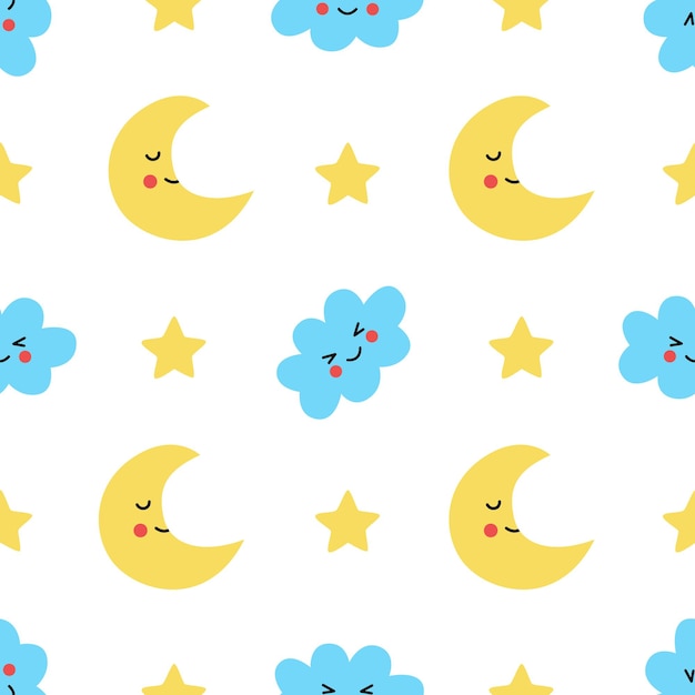 Seamless pattern with cute kawaii crescent and clouds