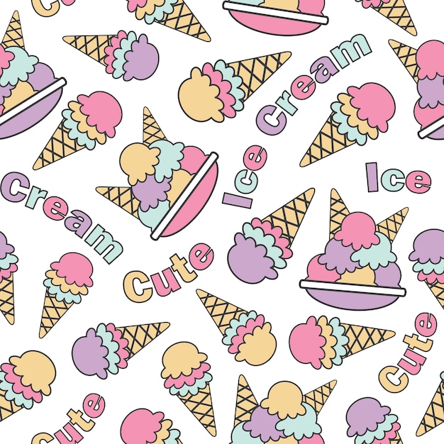 Seamless pattern with cute kawaii ice creams vector cartoon suitable for kid birthday wallpaper design, scrap paper and kid fabric clothes background