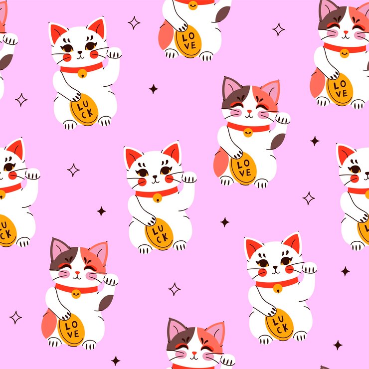 Vector seamless pattern with cute kawaii maneki neko cats vector graphics