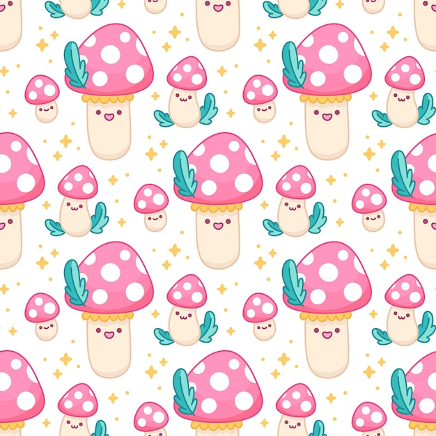 Seamless pattern with cute kawaii mushrooms amanita and leaves stars in cartoon style
