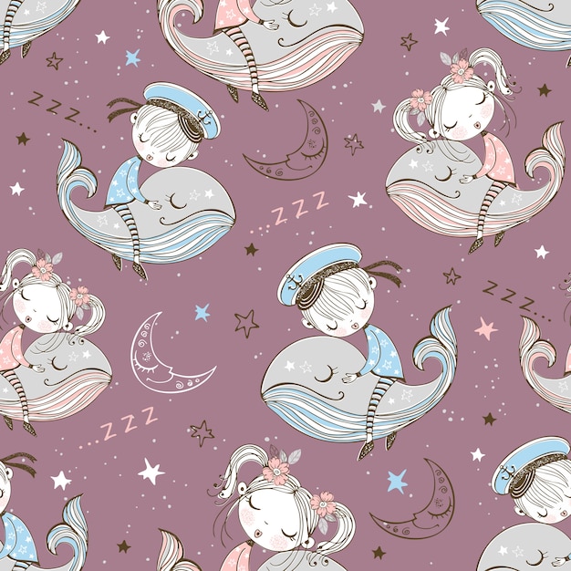 Seamless pattern with cute kids sleeping on whales