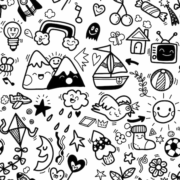 Seamless pattern with cute kids vector illustration hand drawn set of cute doodles for decoration on white background funny doodle seamless