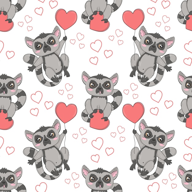 Seamless pattern with cute lemurs for Valentine's Day in cartoon style for kids children's books and games print