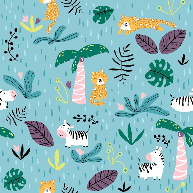 Seamless pattern with cute leopard and zebra