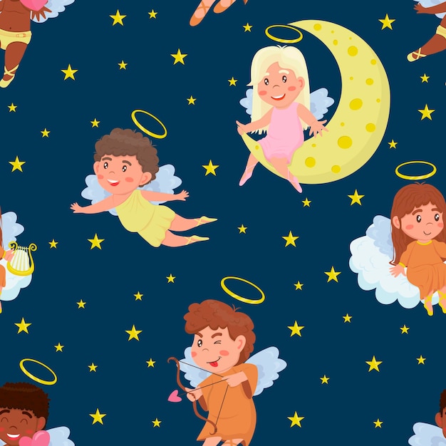 Бесшовный рисунок с милыми ангелочками в ночном небе в мультяшном плоском стиле