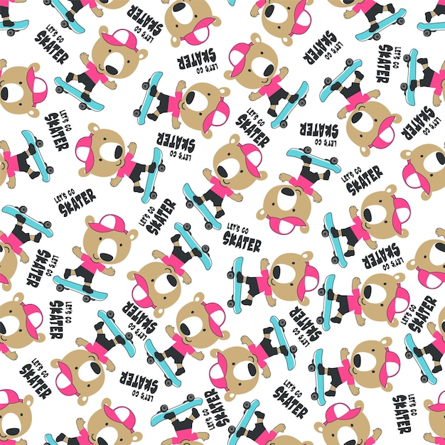 Vector seamless pattern with cute little bear on skate board