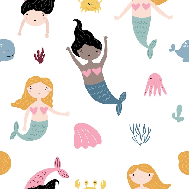 Vector seamless pattern with cute little mermaids and sea animals vector illustration for nursery and textile decoration