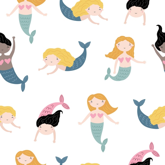 Vector seamless pattern with cute little mermaids vector illustration for nursery and textile decoration