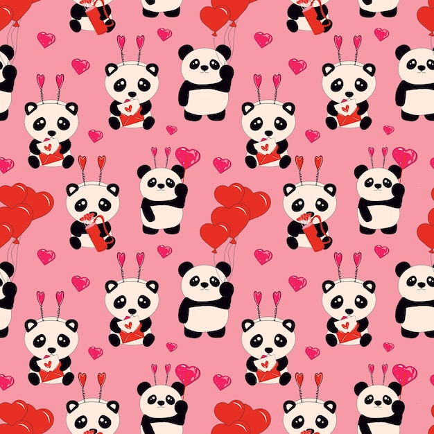 Seamless Pattern with Cute little sitting pandas holds hearts. Love, Valentine's Day