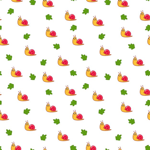 Seamless pattern with cute little snails and leaves Spring childrens decor with an insect Vector