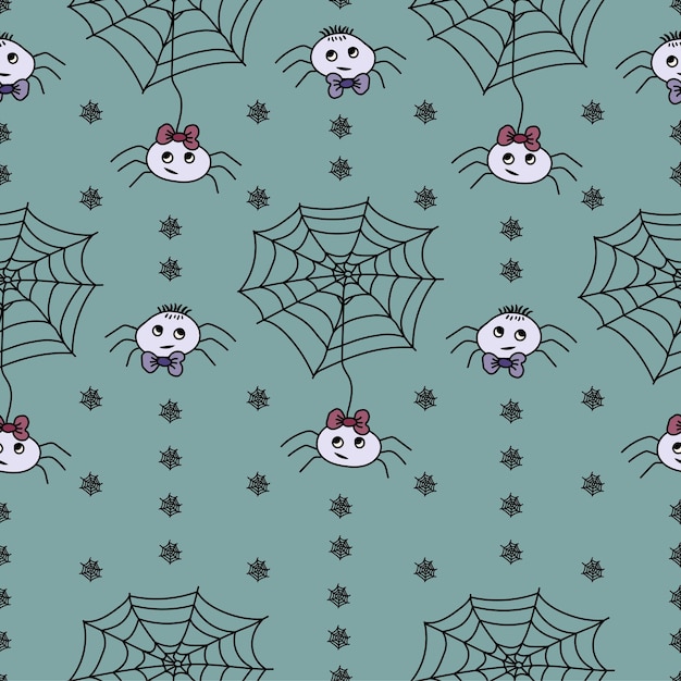 Seamless pattern with cute little spider girl and boy with bows and spider web