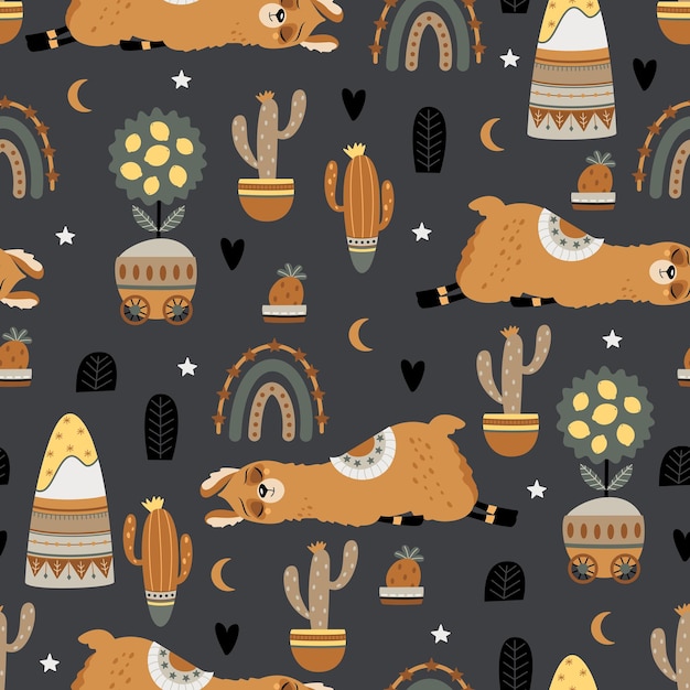 Seamless pattern with a cute llama on a summer background.