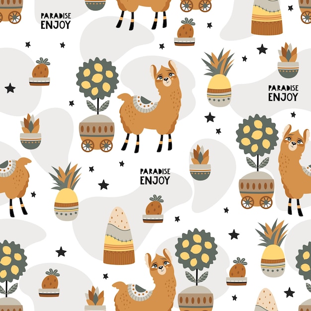 Seamless pattern with a cute Llama on a summer background.