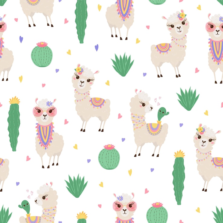 Vector seamless pattern with cute llamas and cacti