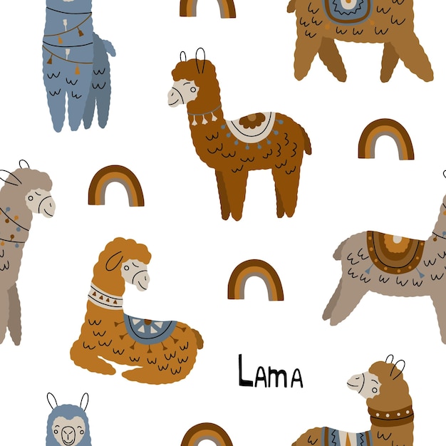 Seamless pattern with cute llamas in different poses boho style vector illustration isolated on white background for your design