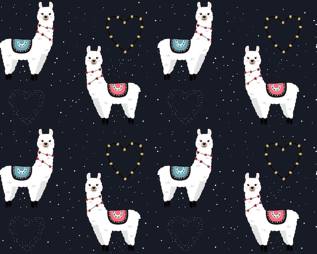 Seamless pattern with cute llamas on starry space background Happy Valentines day