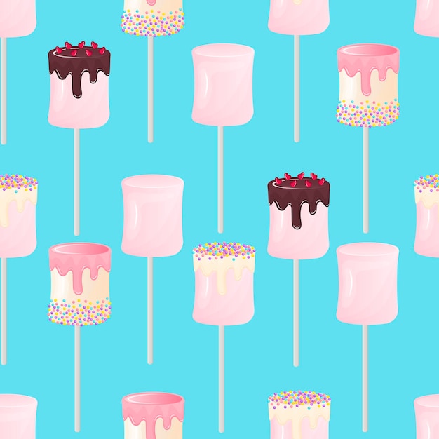 Seamless pattern with cute marshmallows in glaze and sprinkles on a blue background