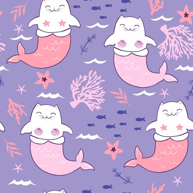 Seamless pattern with cute mermaid cats. vector graphics