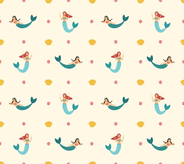 Seamless pattern with cute mermaids in a flat style Vector illustration of two charming mermaids with braids and red long hair