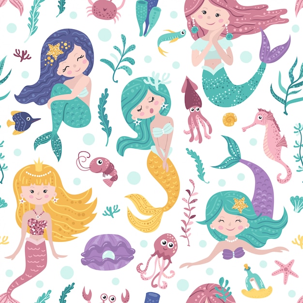 Vector seamless pattern with cute mermaids, seaweed and fishes