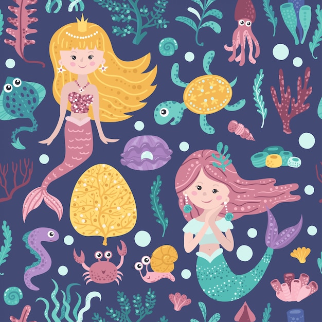 Seamless pattern with cute mermaids, seaweed and fishes