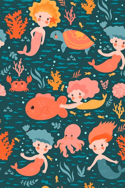 Seamless pattern with cute mermaids