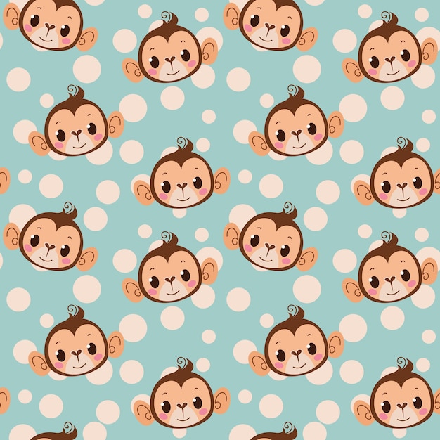 Vector seamless pattern with cute monkey on a blue polka dot background childish pattern with a monkey