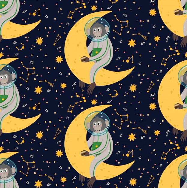 Seamless pattern with cute monkey in the space. Funny children's vector illustration. Ape in the cosmos surrounded by stars.