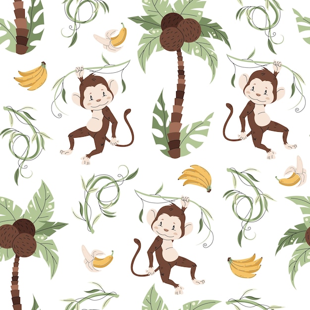 seamless pattern with cute monkeys in flat style repeating background with african animals palm
